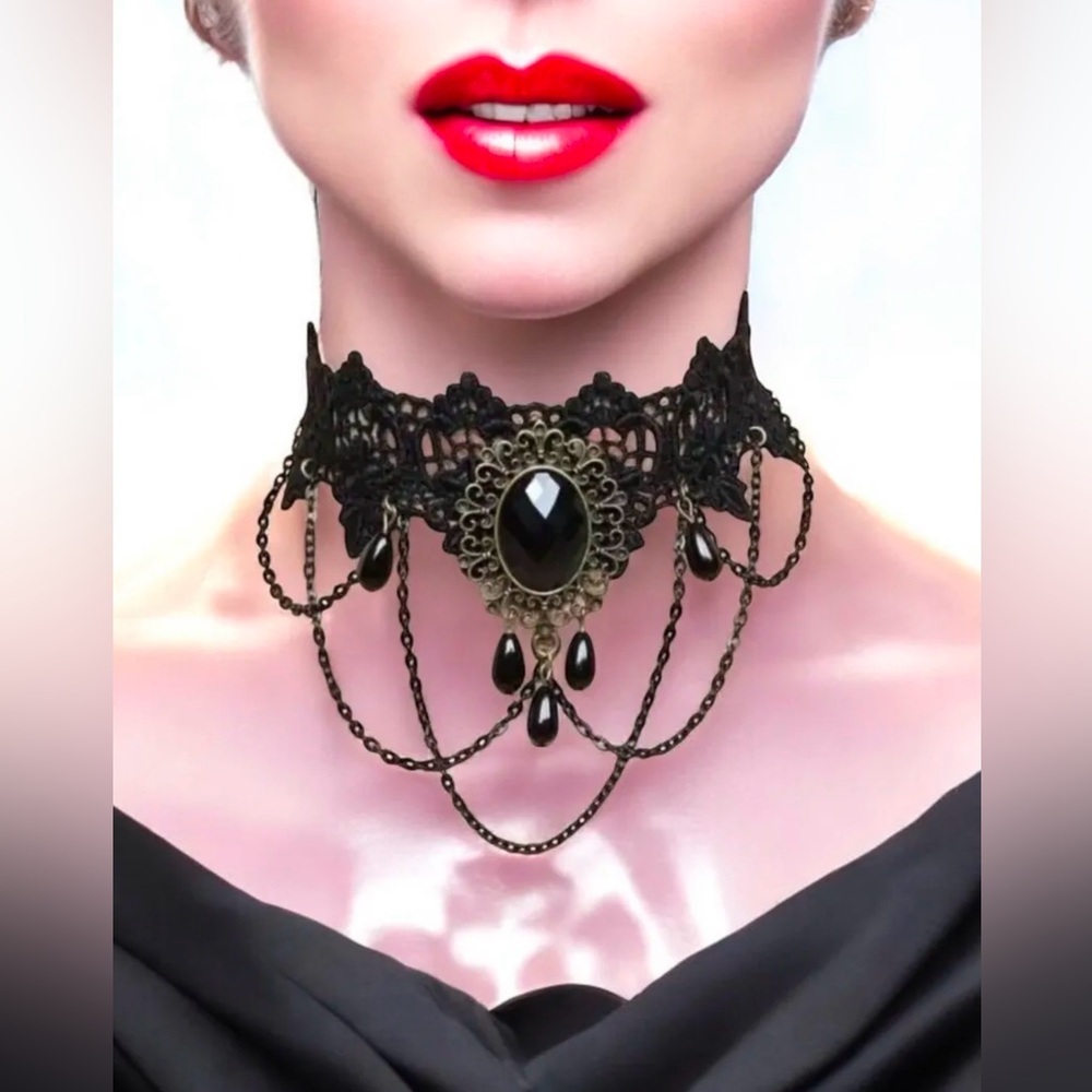 New Vintage Choker Necklace Black Sapphire Gothic in box - Picture 5 of 9